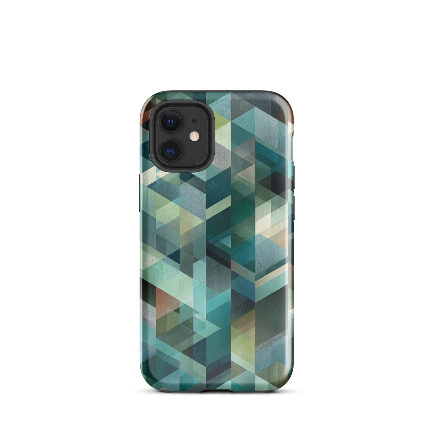 Modern abstract geometric phone case in teal and blue tones with layered retro-inspired shapes.