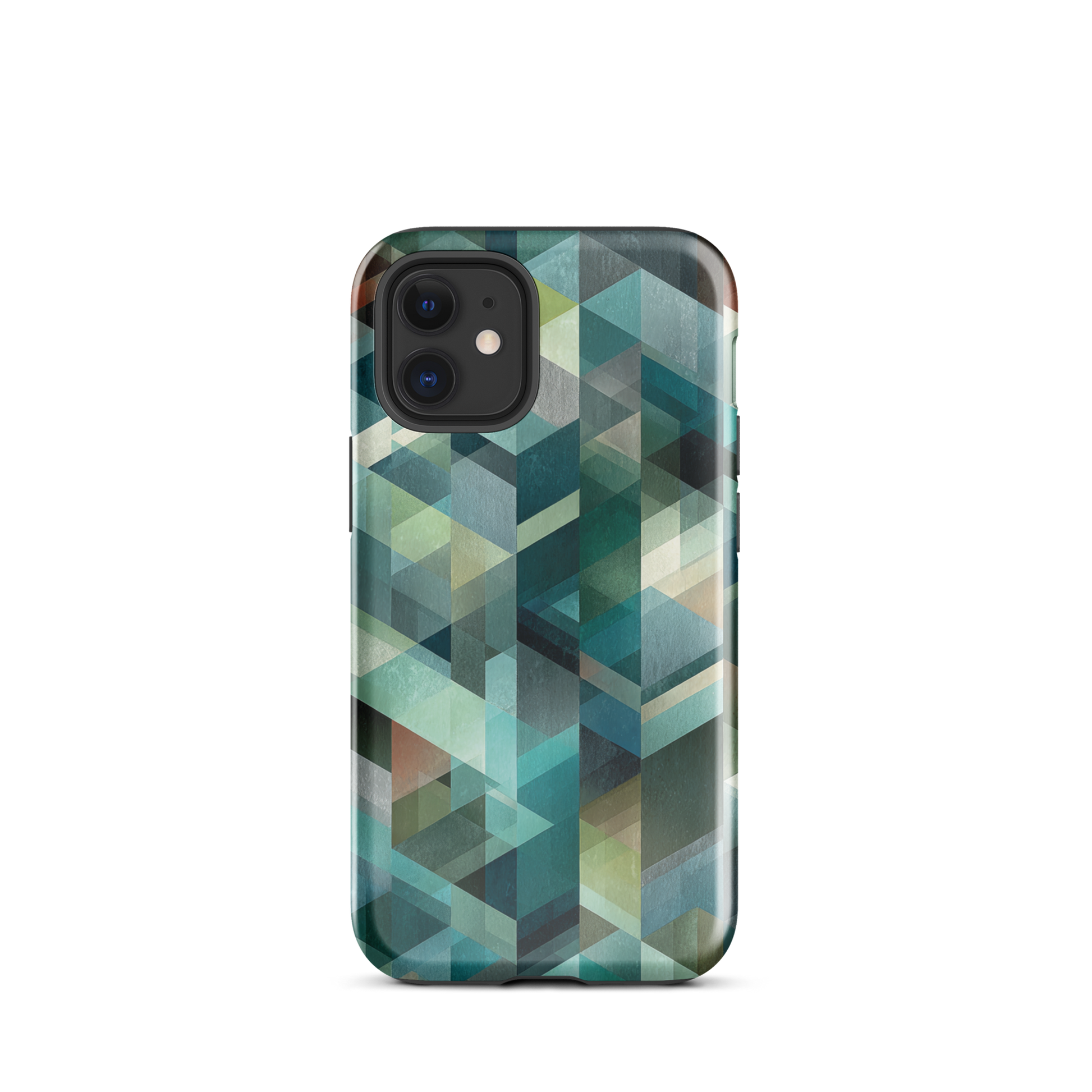 Modern abstract geometric phone case in teal and blue tones with layered retro-inspired shapes.