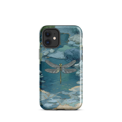 Nature-inspired phone case featuring a dragonfly over calm water with blue and green forest tones.