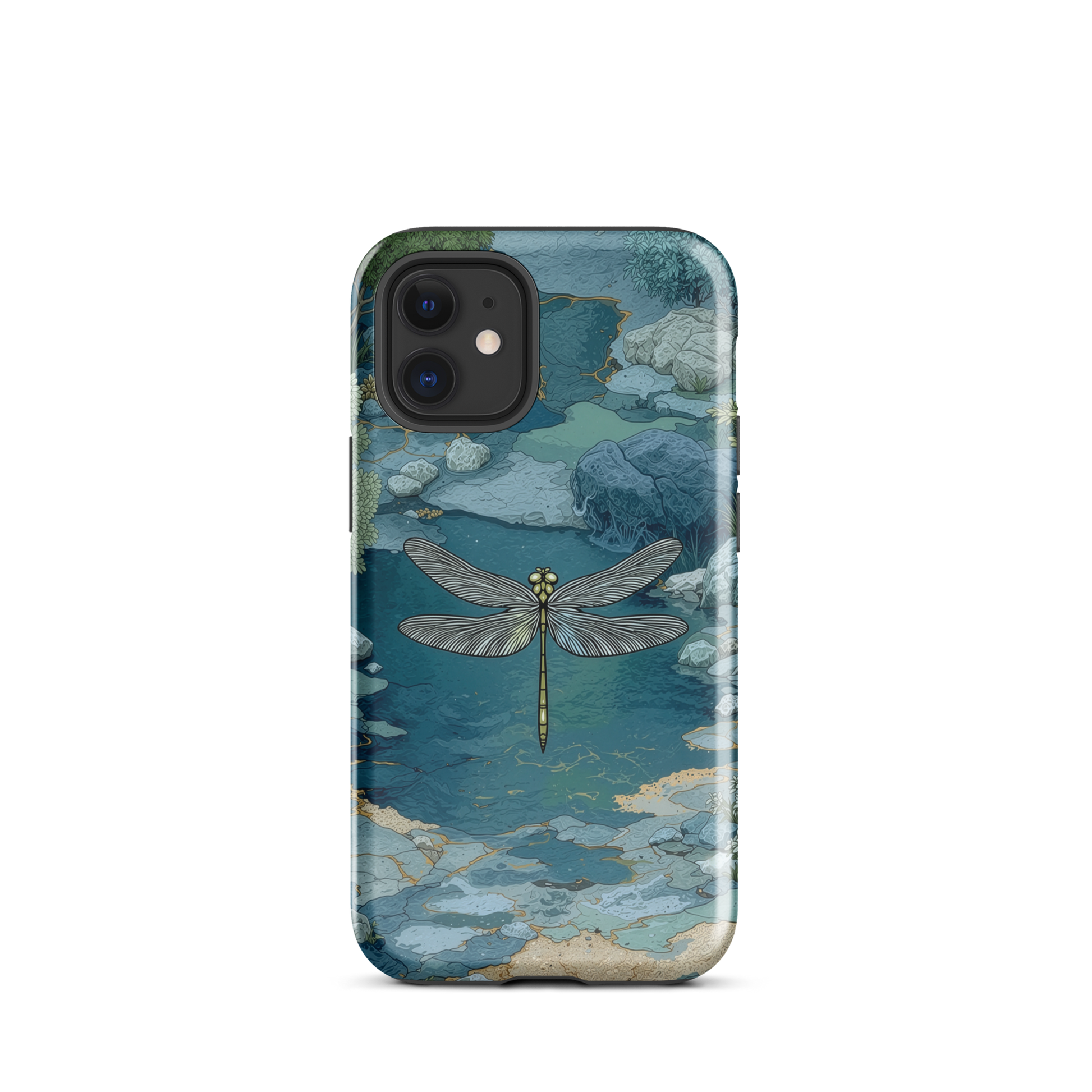 Nature-inspired phone case featuring a dragonfly over calm water with blue and green forest tones.