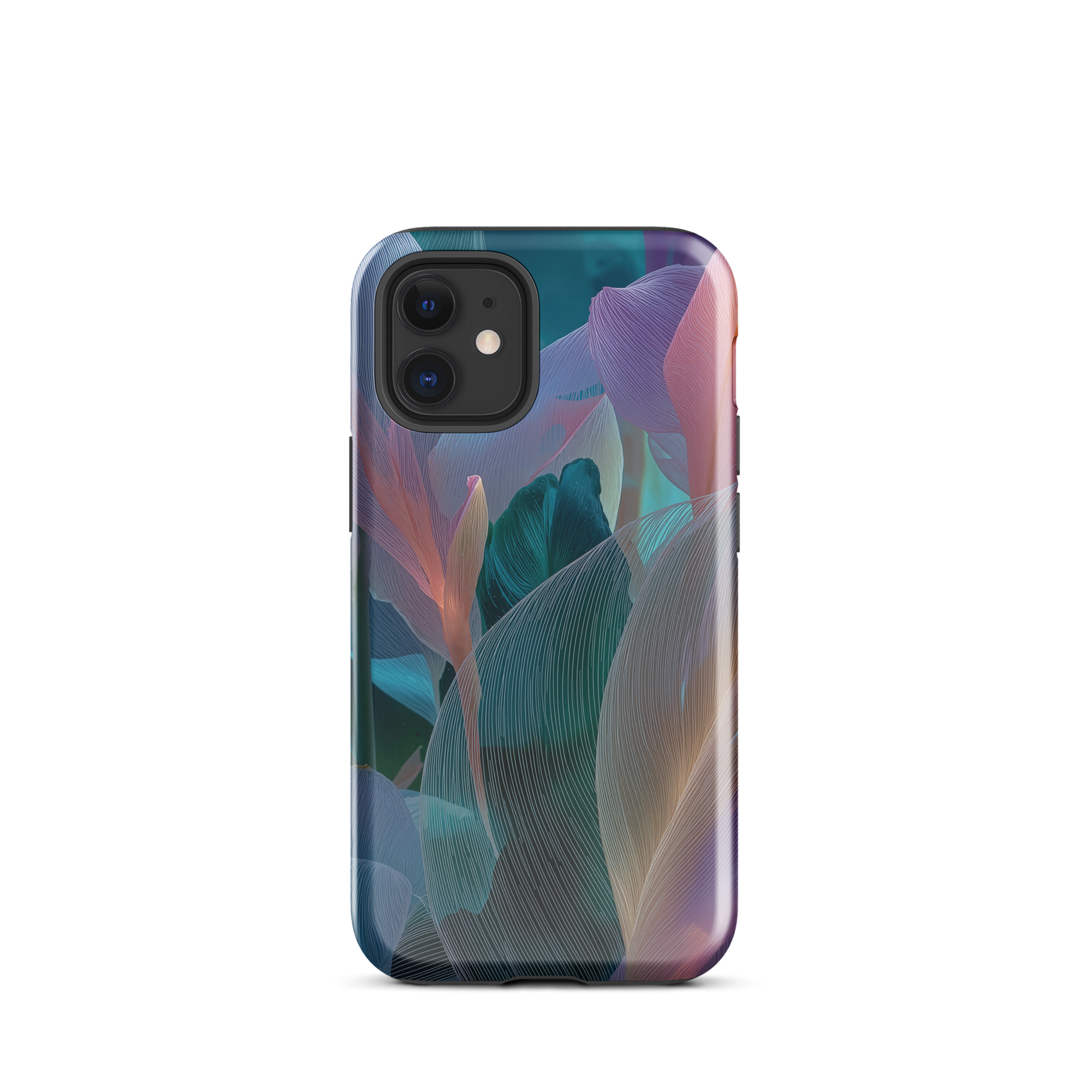 Abstract pastel botanical designer phone case in pink, lilac and teal tones with soft flowing floral textures
