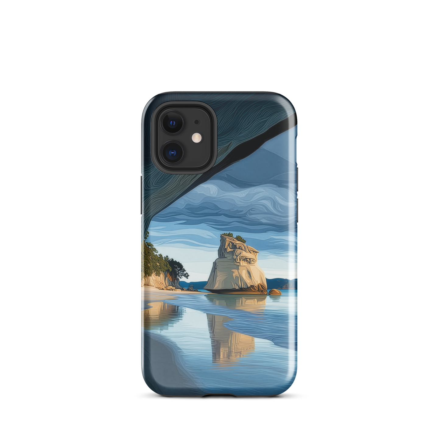 Artistic Cathedral Cove coastal designer phone case with arch rock, blue ocean and golden cliffs