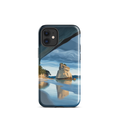 Artistic Cathedral Cove coastal designer phone case with arch rock, blue ocean and golden cliffs