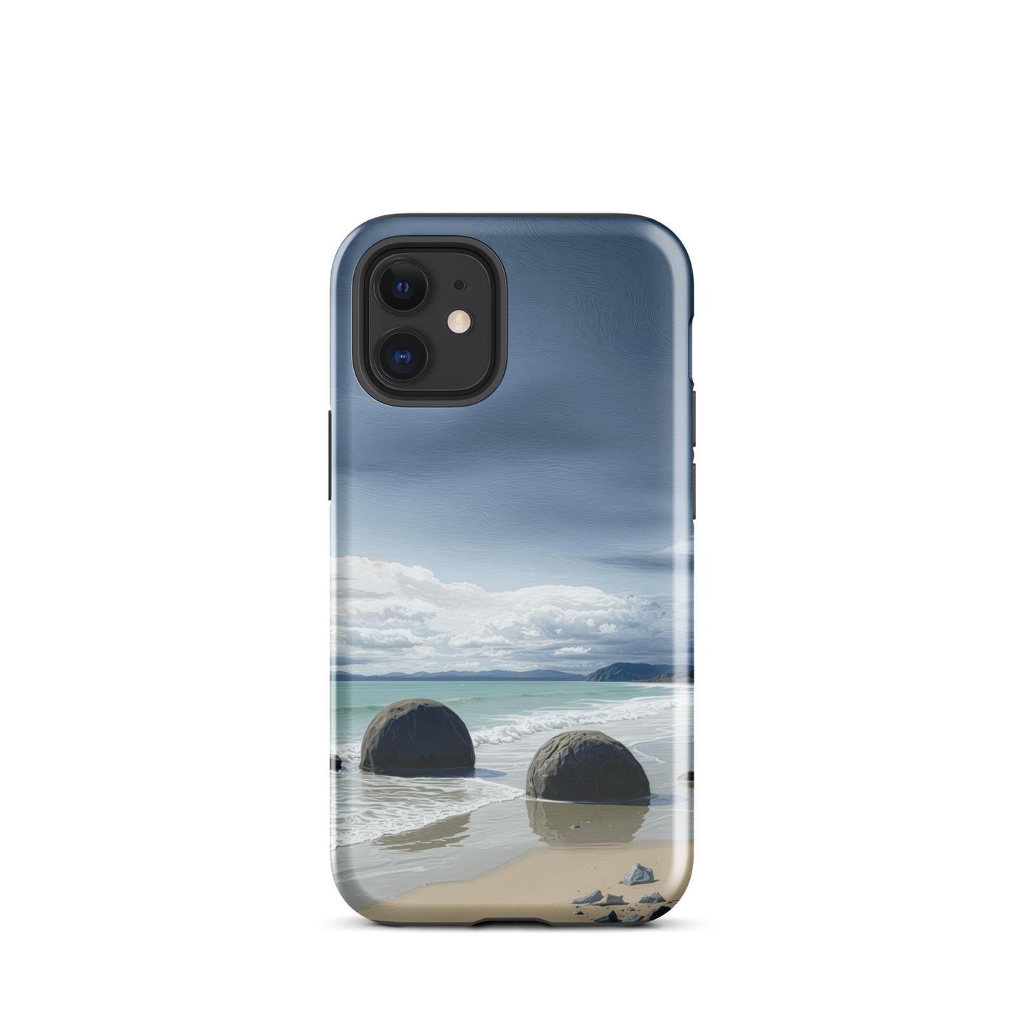 Moeraki Boulders coastal designer phone case with ocean waves and dramatic NZ sky