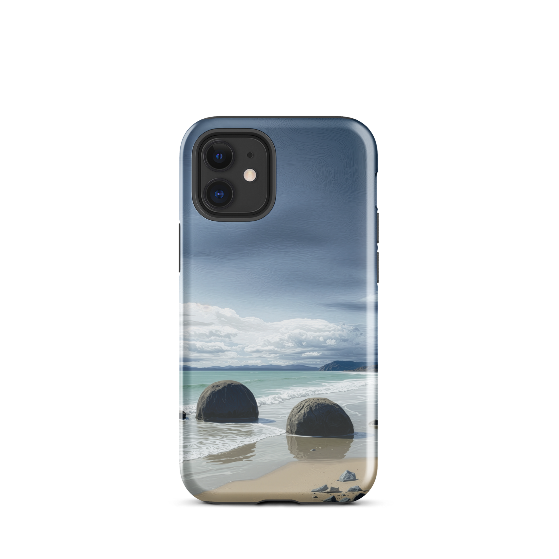 Moeraki Boulders coastal designer phone case with ocean waves and dramatic NZ sky