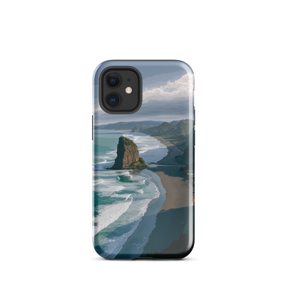 Piha Beach Lion Rock designer phone case with turquoise waves and dramatic NZ coastline