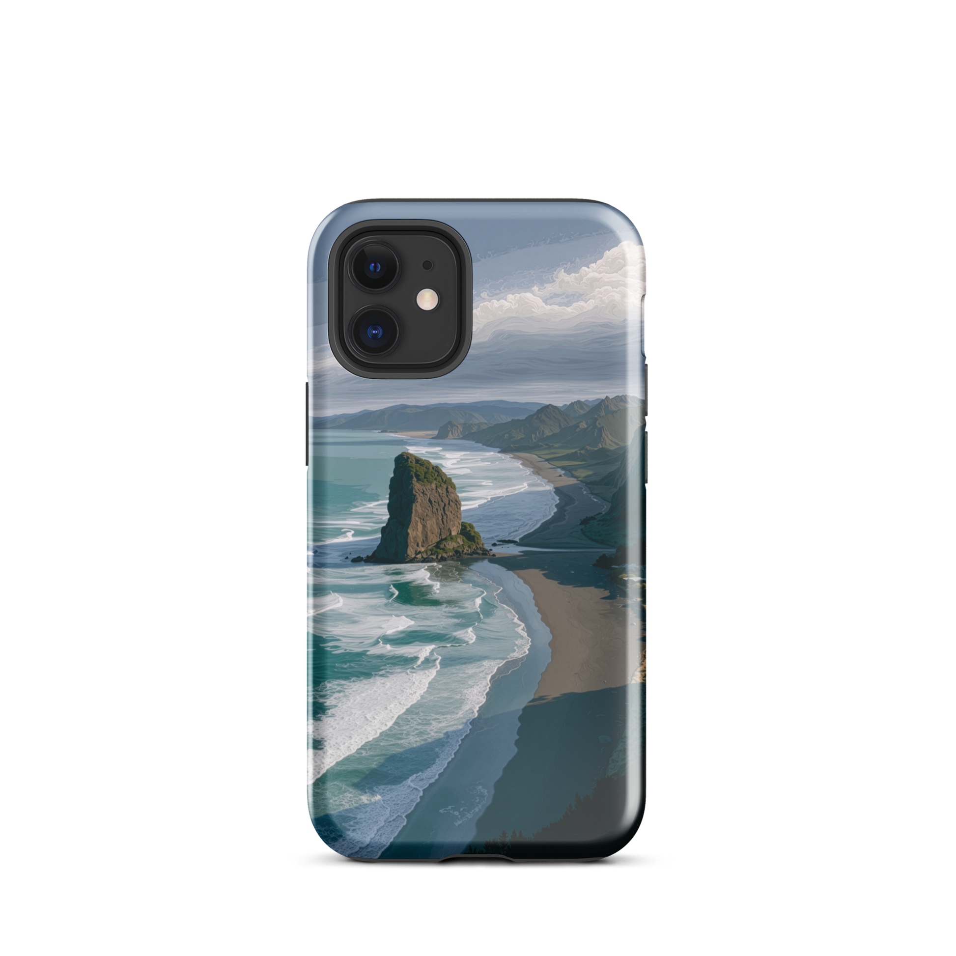 Piha Beach Lion Rock designer phone case with turquoise waves and dramatic NZ coastline
