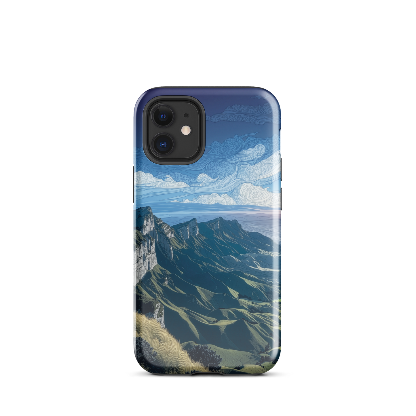 Te Mata Peak designer phone case with Hawke’s Bay cliffs, rolling green hills and dramatic swirling sky