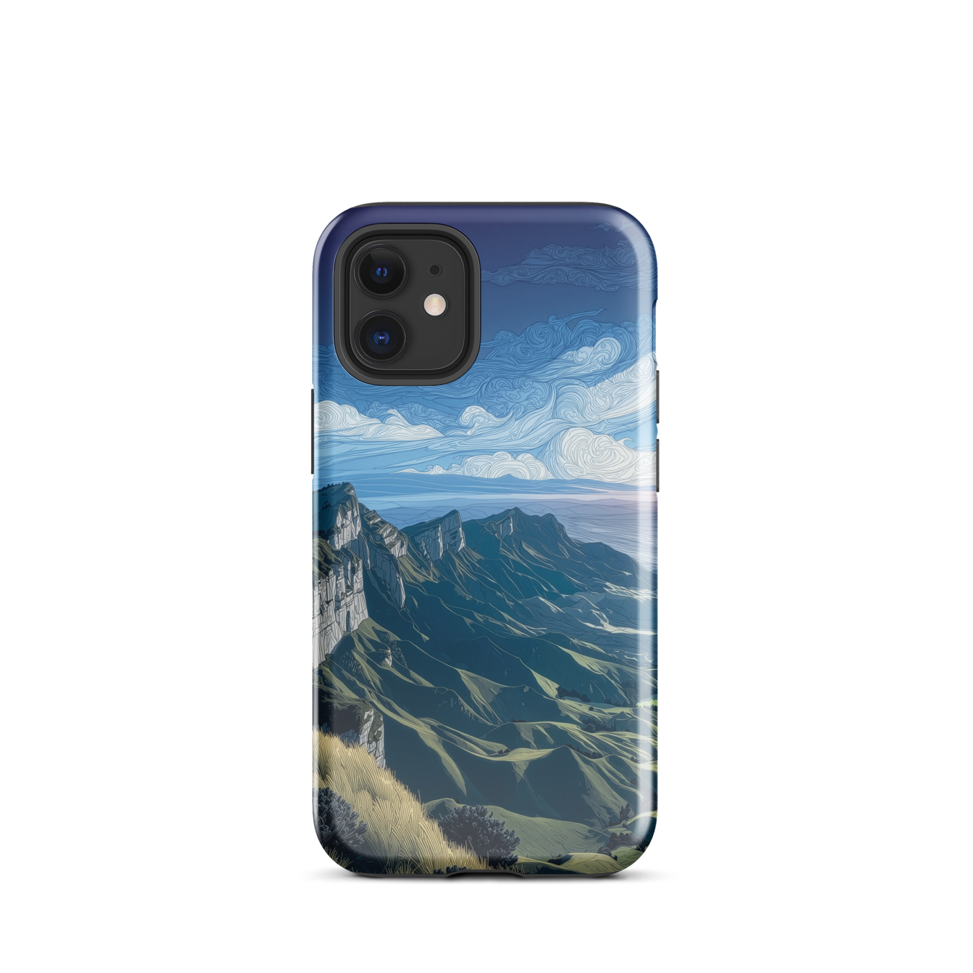 Te Mata Peak designer phone case with Hawke’s Bay cliffs, rolling green hills and dramatic swirling sky