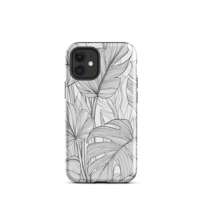 Minimal black and white tropical leaf designer phone case with detailed botanical line art