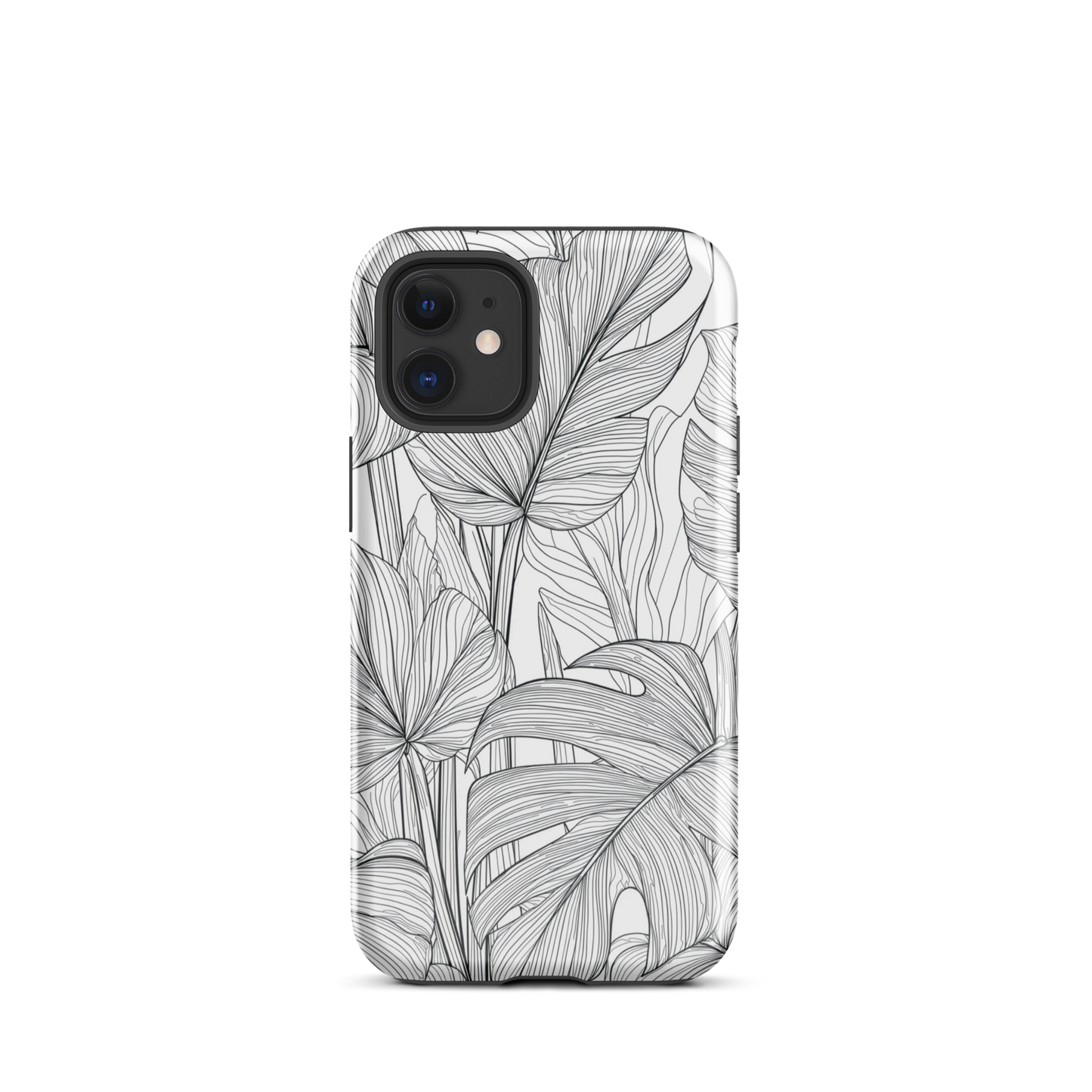 Minimal black and white tropical leaf designer phone case with detailed botanical line art