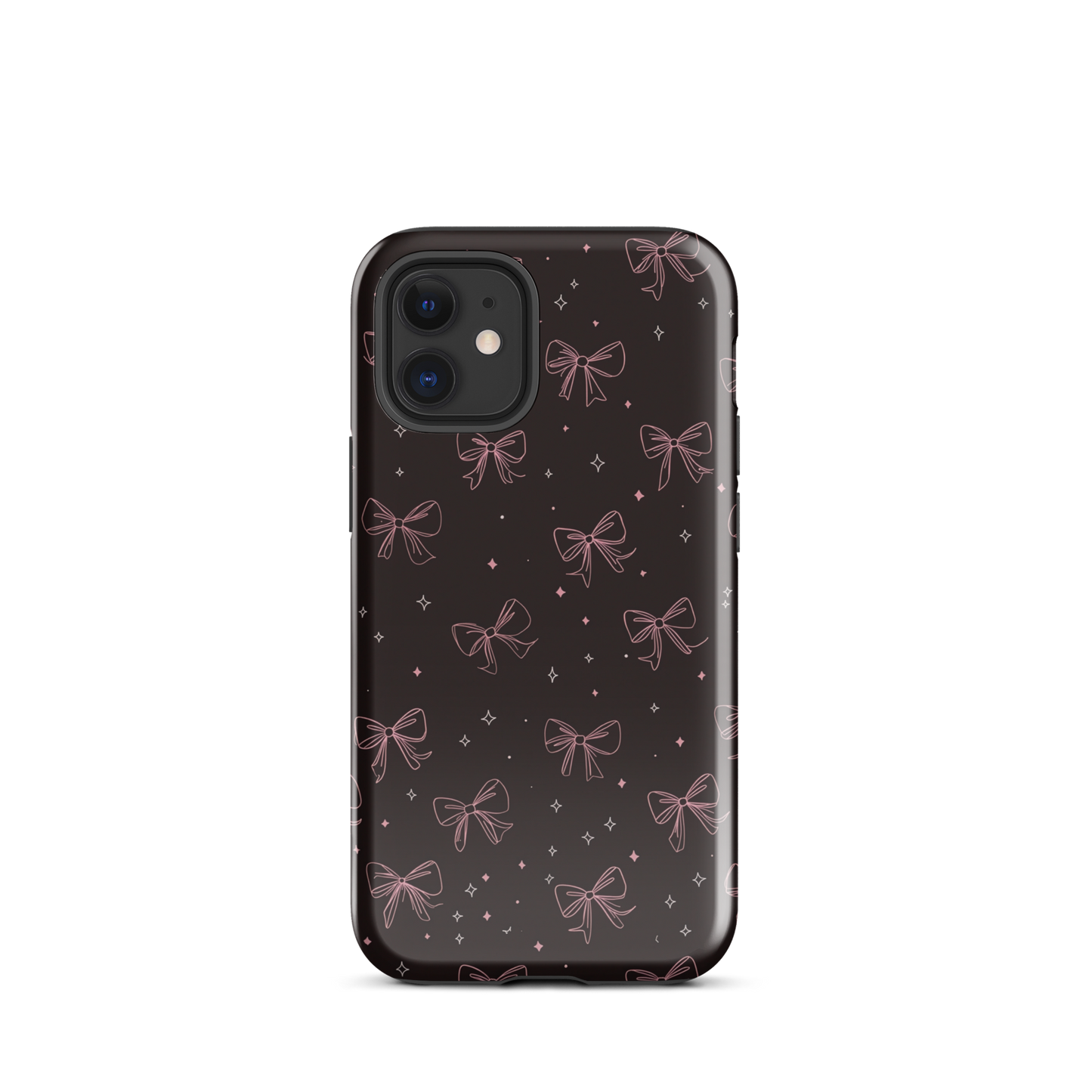 Midnight Bow seamless repeat pattern — pink hand-drawn ribbon bows and sparkle stars on a black background