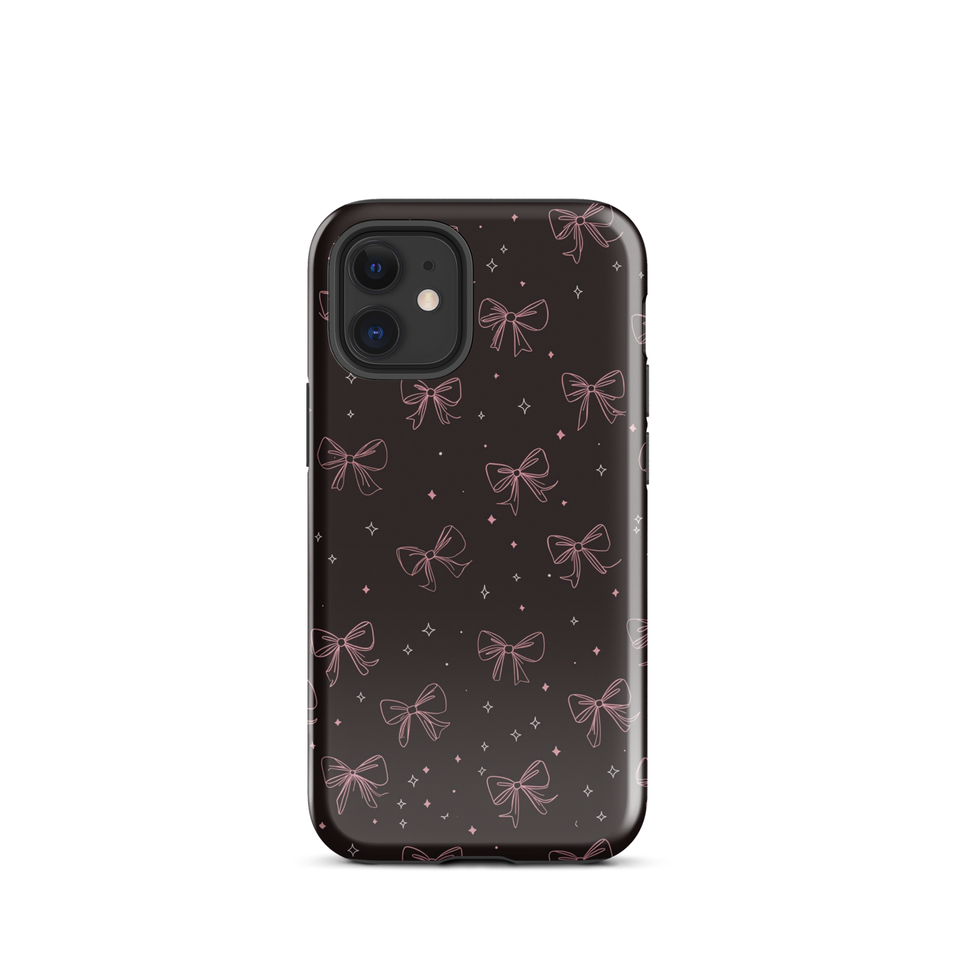 Midnight Bow seamless repeat pattern — pink hand-drawn ribbon bows and sparkle stars on a black background