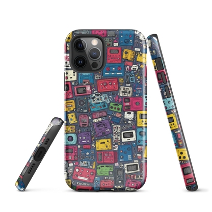 'Arcade' iPhone case, featuring a vibrant collage of hand-drawn controllers in bold, vintage-inspired colours. From electric blue and hot pink to classic black and yellow