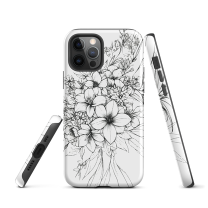 Black and white floral phone case with hand-drawn lilies and wildflowers