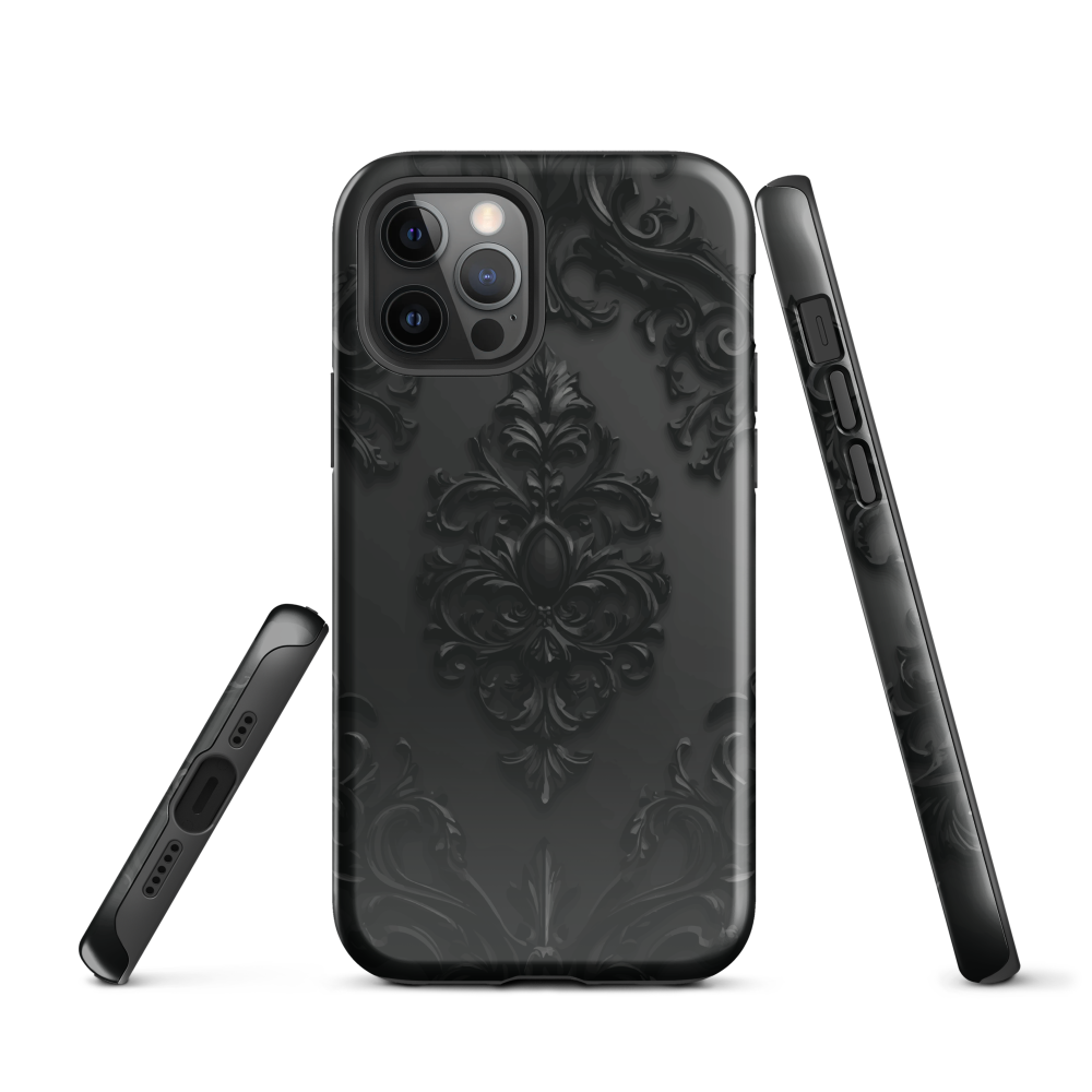 Black embossed damask phone case with gothic baroque pattern.