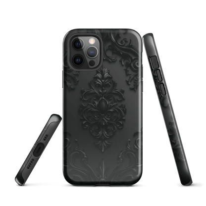 Black embossed damask phone case with gothic baroque pattern.