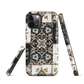 Moroccan tile pattern phone case in black, white, and gold tones with vintage-inspired design.