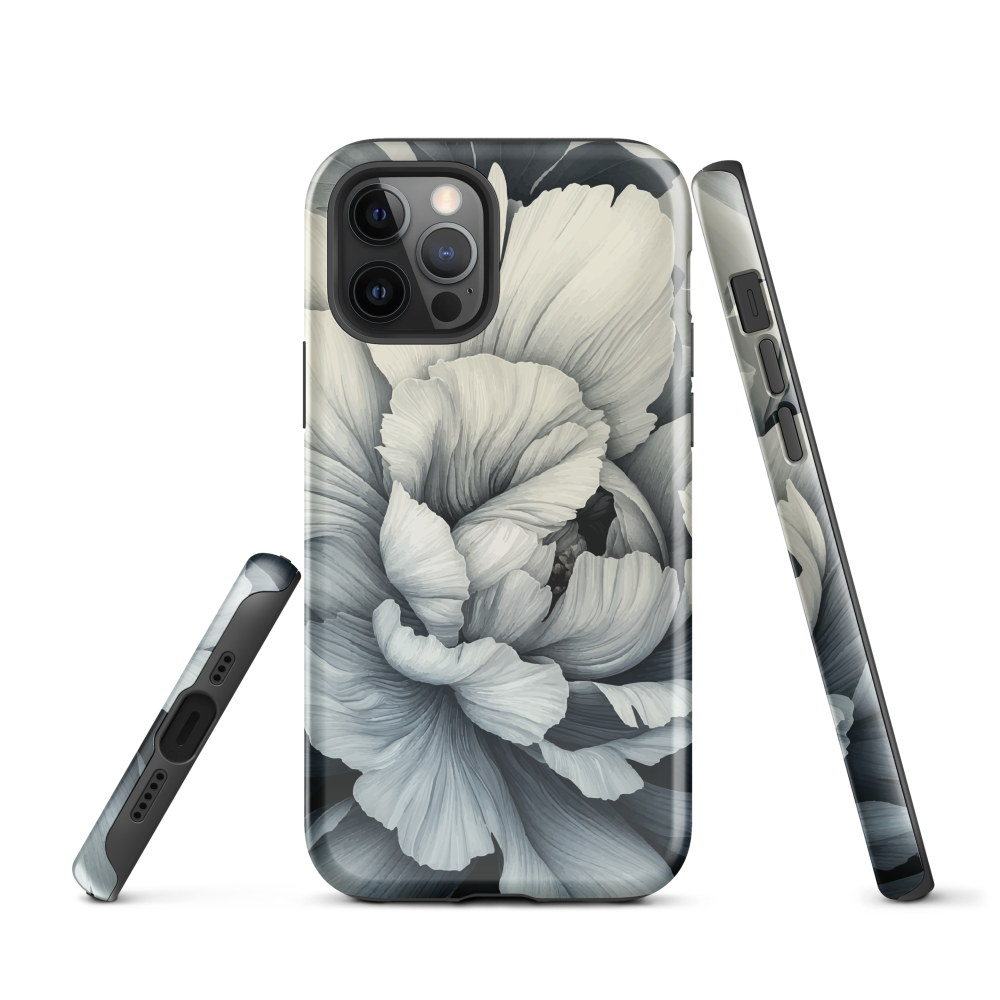 Black and white floral phone case featuring a soft, moody peony design by New Zealand artist Ben Hart.