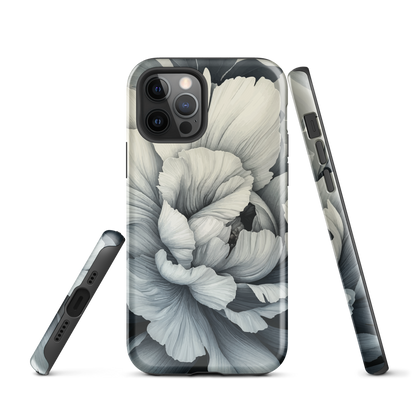 Black and white floral phone case featuring a soft, moody peony design by New Zealand artist Ben Hart.