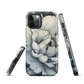 Black and white floral phone case featuring a soft, moody peony design by New Zealand artist Ben Hart.
