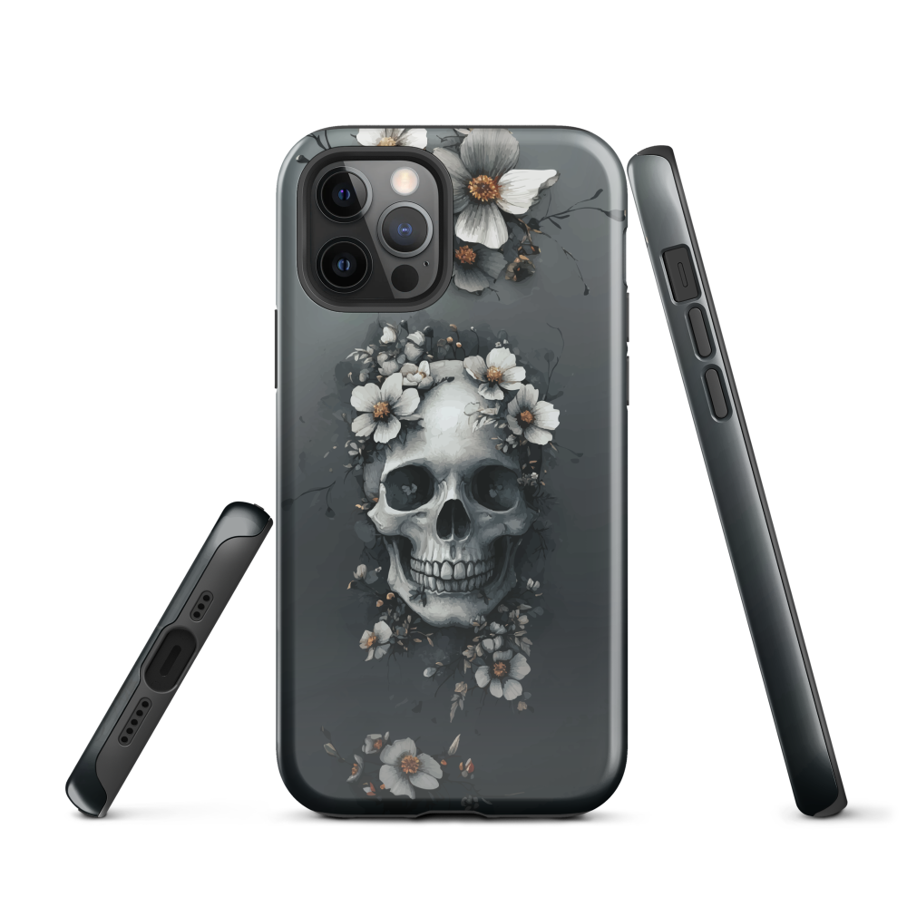 Gothic phone case with a floral skull design in grey tones, featuring white blossoms and dark detailing.