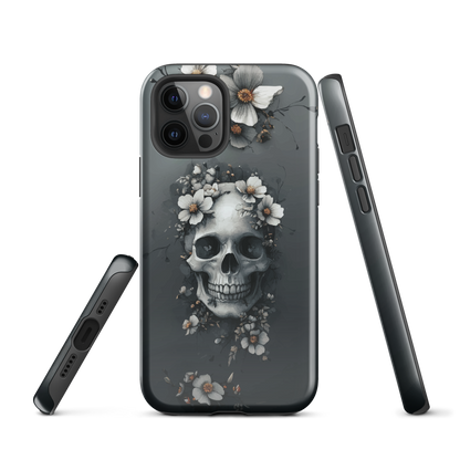 Gothic phone case with a floral skull design in grey tones, featuring white blossoms and dark detailing.