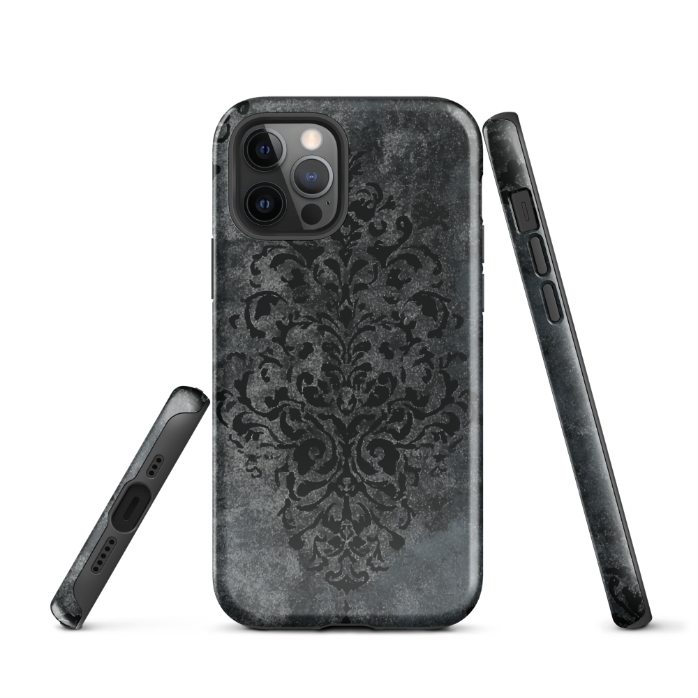 Dark damask patterned phone case with a vintage gothic aesthetic and textured stone background.