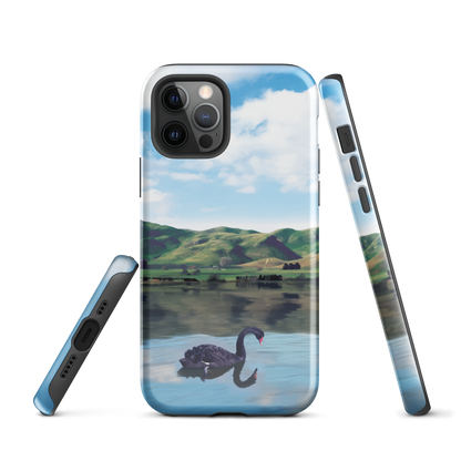 Phone case with a black swan on a calm lake, New Zealand hills in the background. Art by NZ designer Ben Hart.