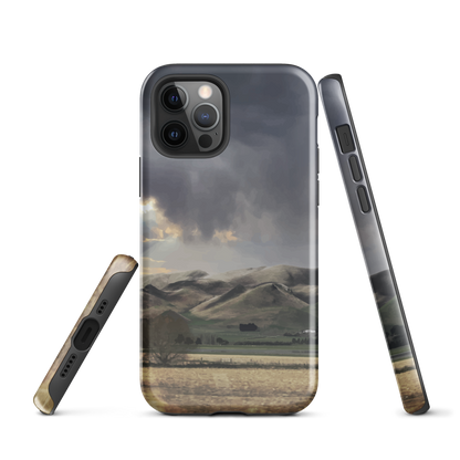 Designer phone case with NZ landscape painting of Te Hauke and cloudy skies by Ben Hart.