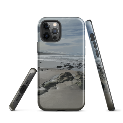 Phone case with artwork of Riversdale Beach, Masterton – rocks, waves and sky by NZ artist Ben Hart.