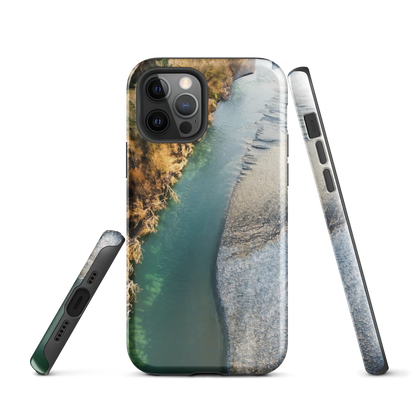 Phone case with aerial riverbend artwork and earthy tones, designed by New Zealand artist Ben Hart.