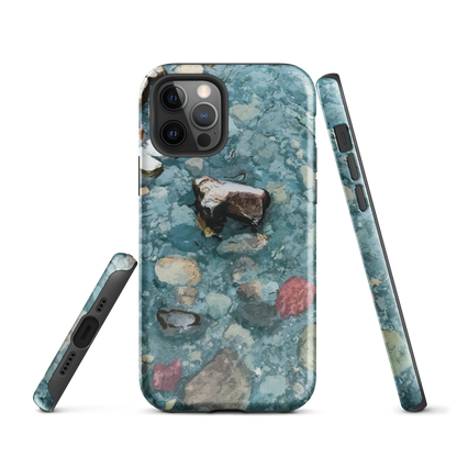 Washed Away designer phone case with abstract river stone artwork in earthy blues and natural tones.