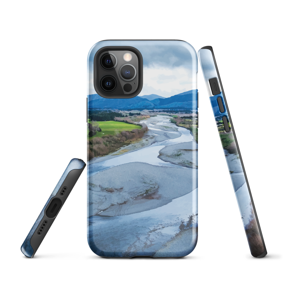 Waiohine phone case featuring artwork of New Zealand’s braided riverbed landscape in the Wairarapa.
