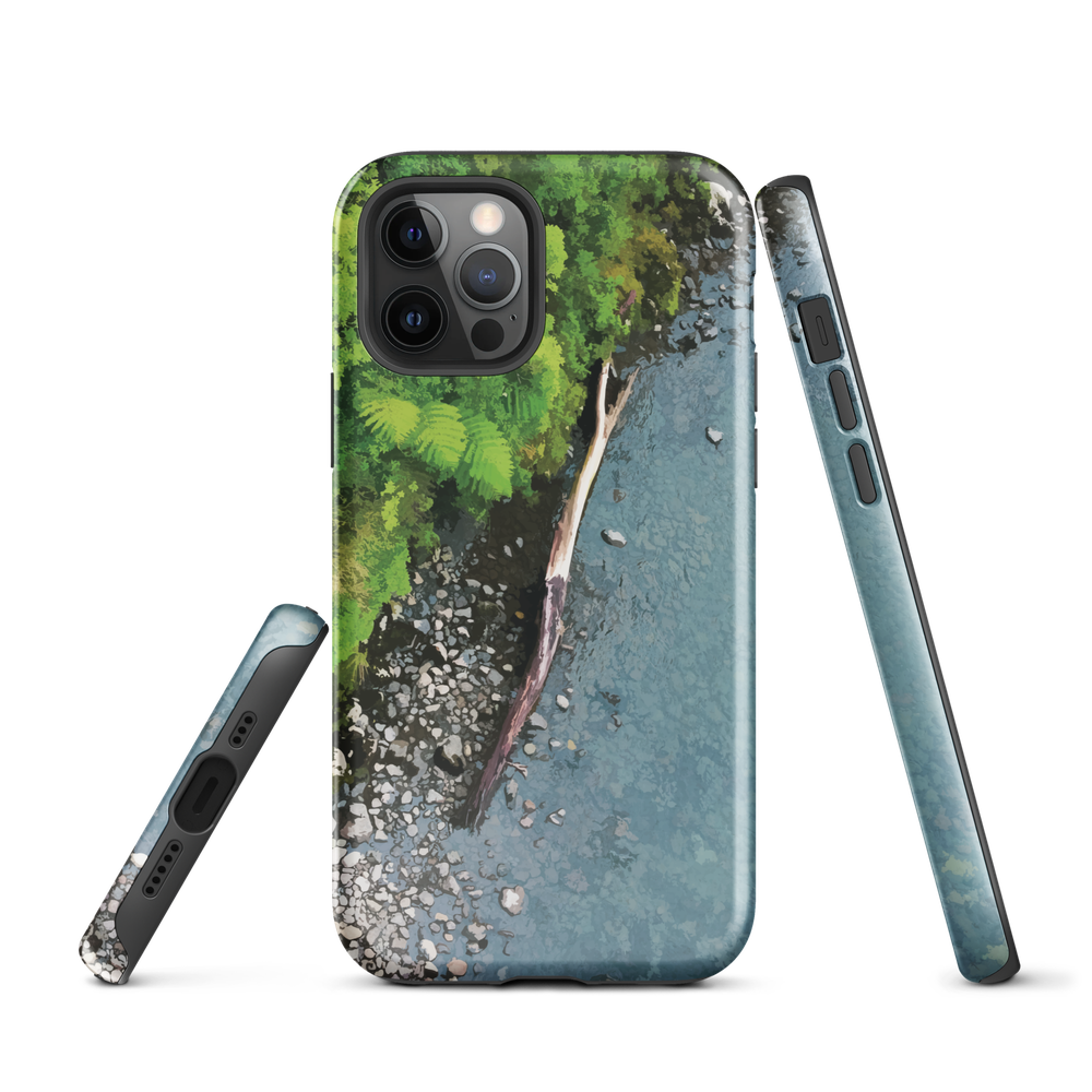 Resting Place phone case with aerial artwork of river rocks, green bush, and driftwood in a New Zealand stream.