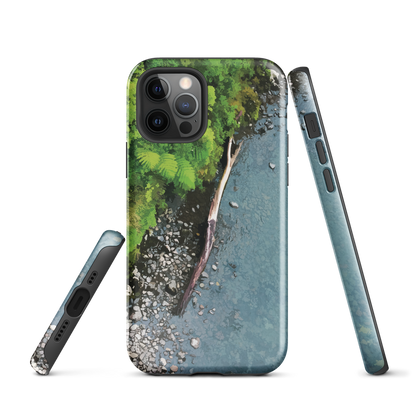 Resting Place phone case with aerial artwork of river rocks, green bush, and driftwood in a New Zealand stream.