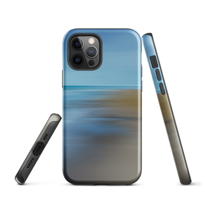 Ocean Breeze phone case with abstract blue and sandy tones inspired by sea and sky.