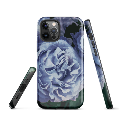 Designer phone case with a bold blue rose artwork and glossy finish.