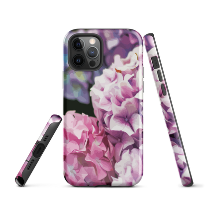 Designer phone case with pink and purple hydrangea floral artwork.