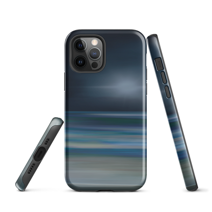 Dark abstract phone case with blue and grey streaks and glossy finish.