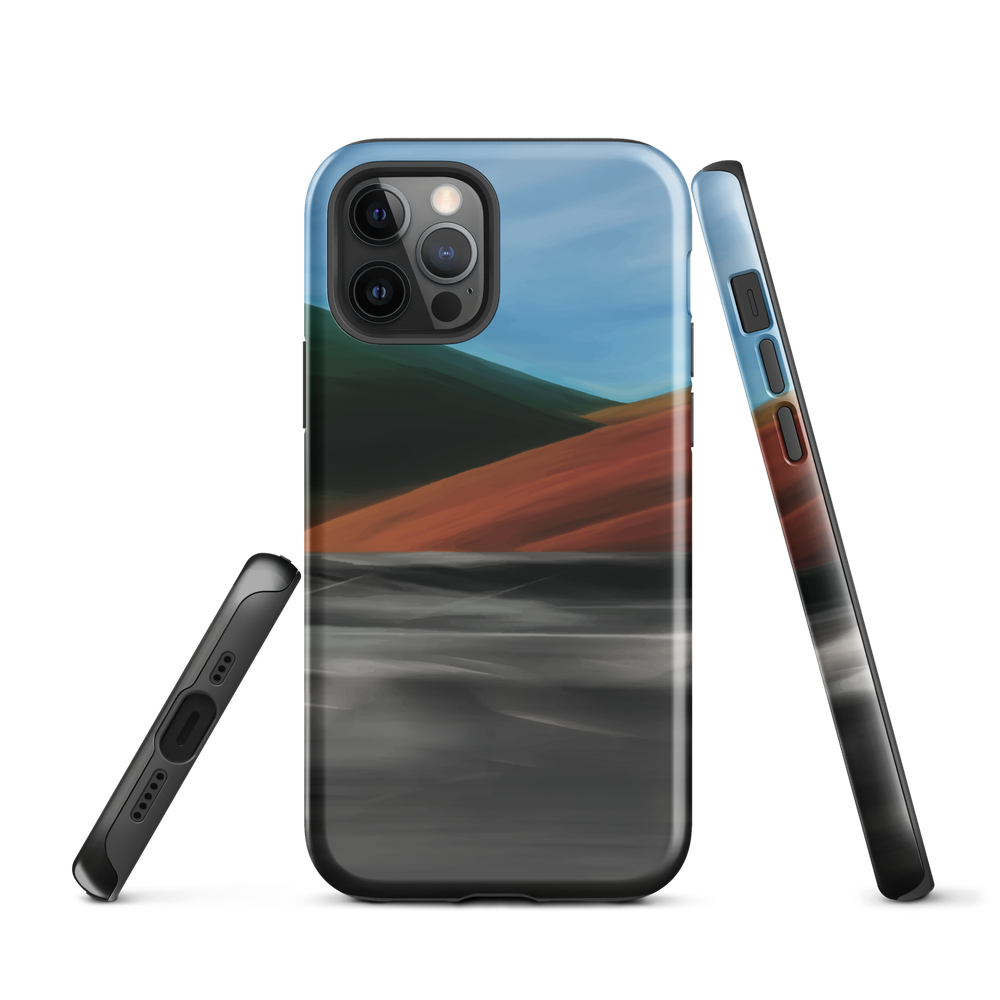 Phone case with abstract red, green, and blue heat wave landscape design.