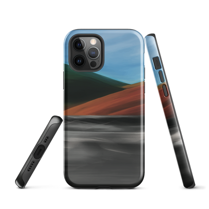 Phone case with abstract red, green, and blue heat wave landscape design.