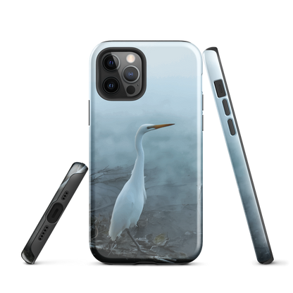 Phone case with a white heron standing in a misty wetland scene.
