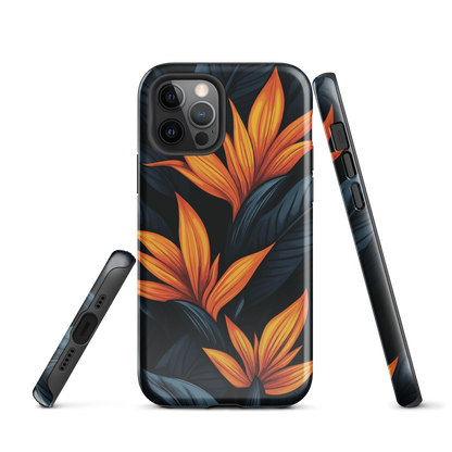 Phone case with bold orange bird of paradise flowers on dark background.