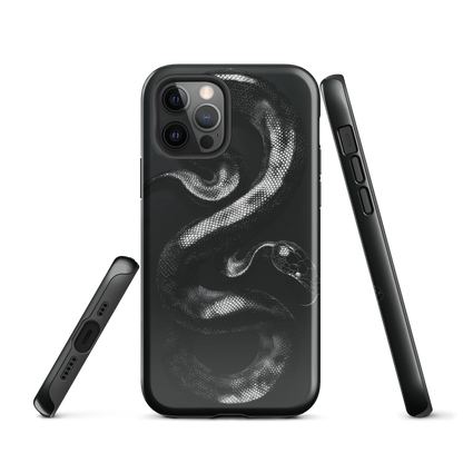 Phone case with detailed black python design on dark background.