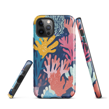 Colourful coral reef phone case design in pink, blue and yellow by NZ artist Ben Hart