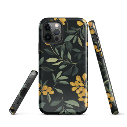 NZ Kowhai phone case with native yellow floral and green leaves on black background by designer Ben Hart.