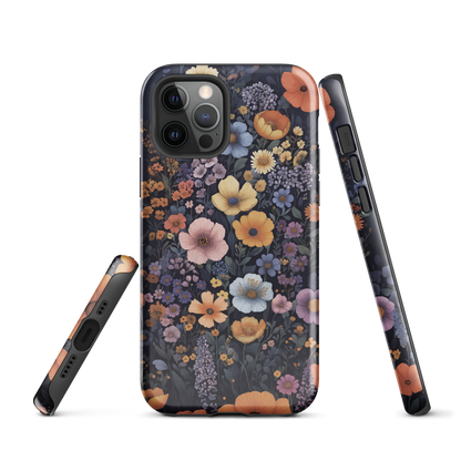 Phone case with colourful wildflowers on dark background, floral art design