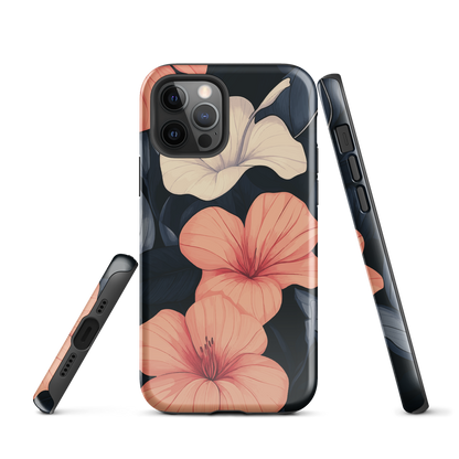 Phone case with coral hibiscus flowers and ivory blooms on dark background