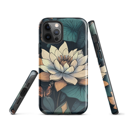 Phone case with ivory water lily, green leaves, and butterfly accents on dark background